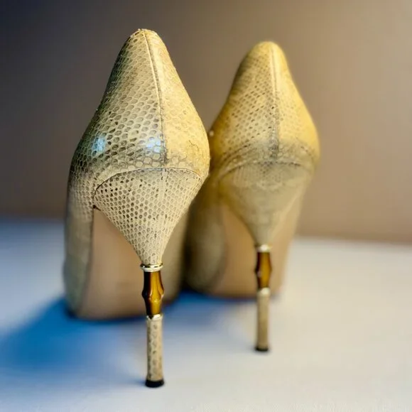 Gucci Python Bamboo Heel Pumps Tan Pointed Toe Vintage Size 40C Made Italy 90s